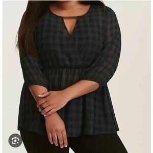 Torrid Blouse Plus Size 0X Emerald Green Gingham Plaid Chiffon 3/4 Sleeve
